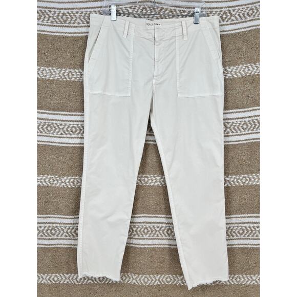Nili Lotan Pants - Nili Lotan Jenna Cropped Raw-Edge Pants Women 12 Eggshell Cotton Twill Cream USA